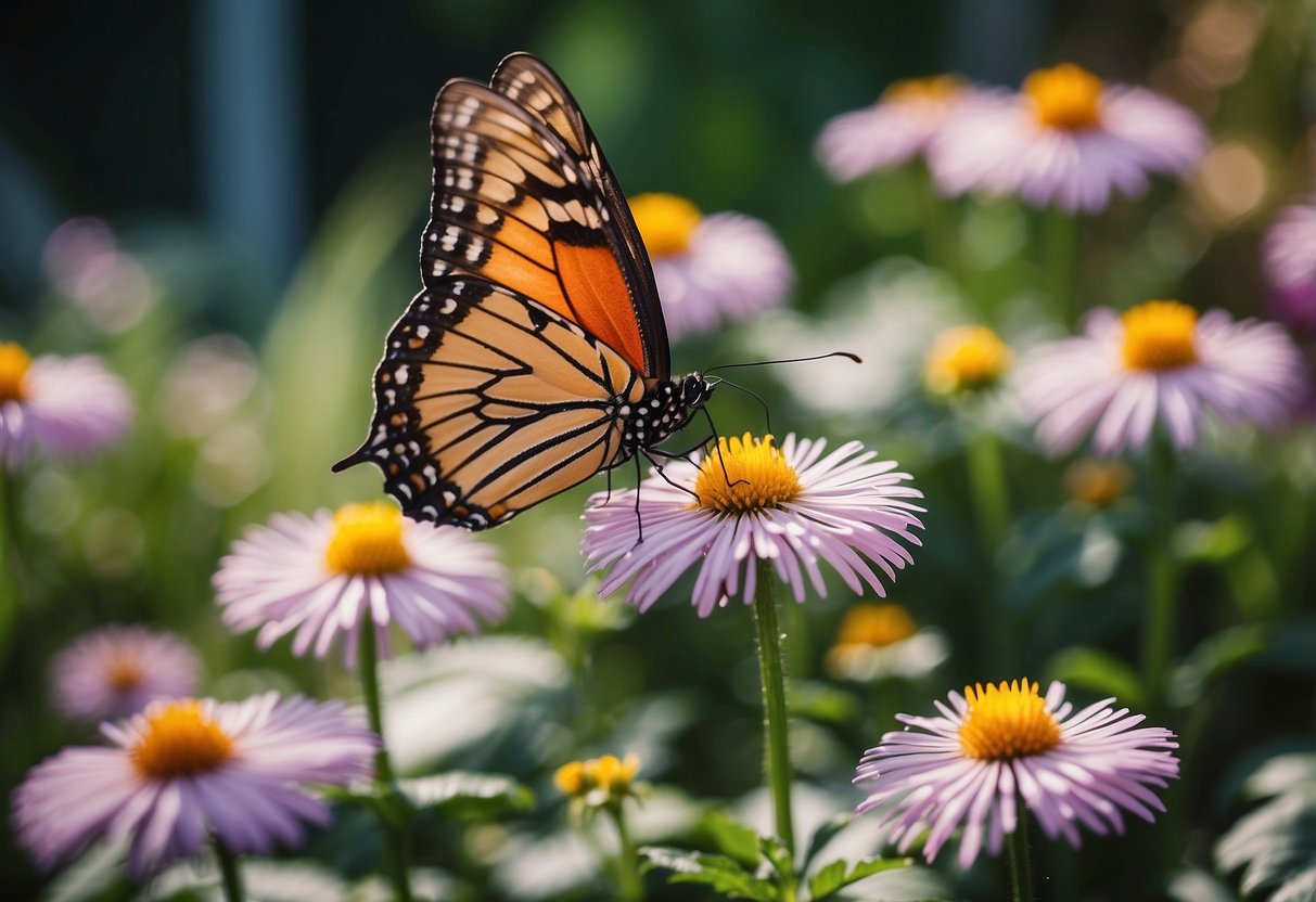 A colorful butterfly garden blooms in a cozy backyard, with vibrant flowers and lush greenery creating a peaceful and inviting atmosphere