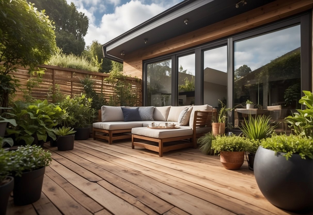 A wooden deck extends from a modern house into a lush garden, with potted plants and cozy outdoor furniture creating a serene retreat