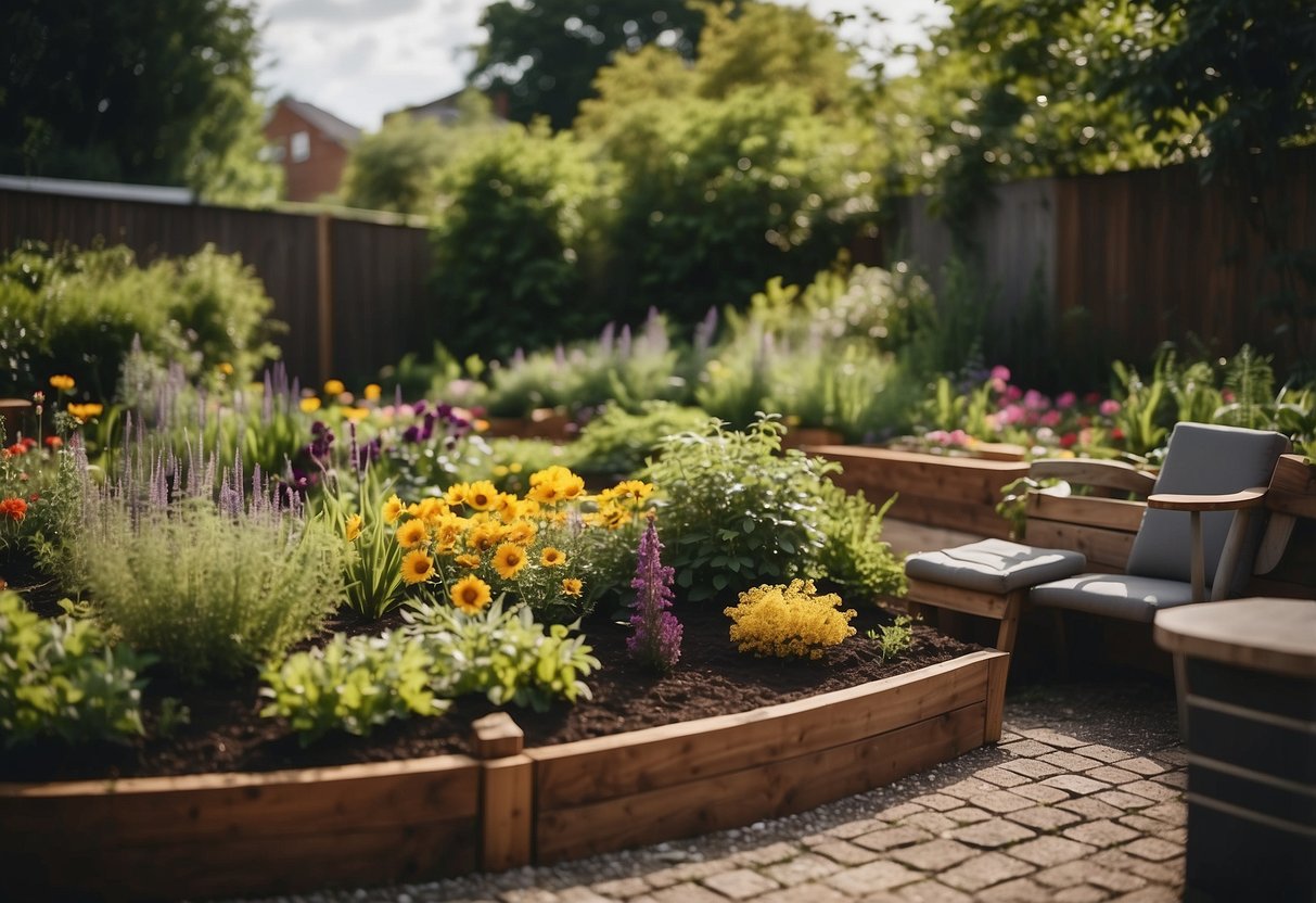 A functional back garden with raised beds, a composting area, and a seating space surrounded by lush greenery and colorful flowers