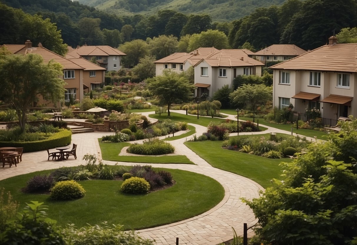 A sprawling housing estate with lush gardens, playgrounds, and picnic areas, creating a serene and inviting atmosphere for residents to enjoy outdoor activities