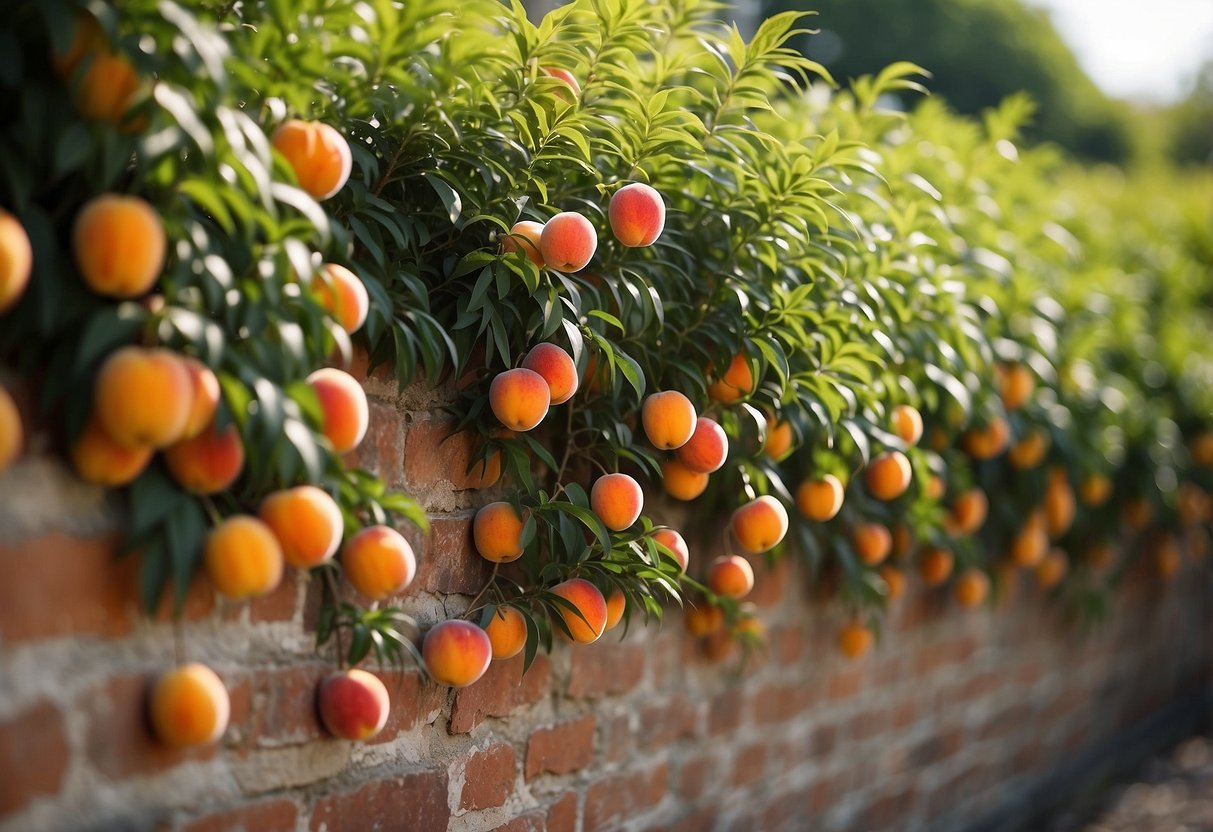 A peach tree palmette espalier stands against a garden wall, with carefully pruned branches creating a decorative pattern. Surrounding plants add color and texture to the scene