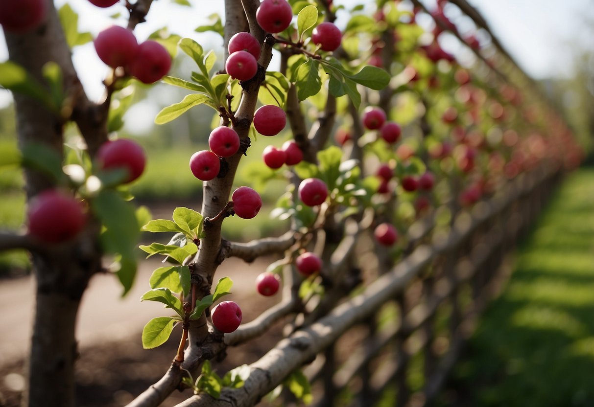 A cordon cherry tree trained against a wooden trellis in a DIY espalier garden