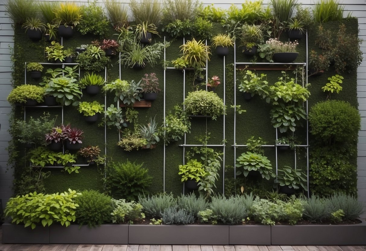 A vertical garden with DIY espalier structures against a wall, showcasing creative garden ideas