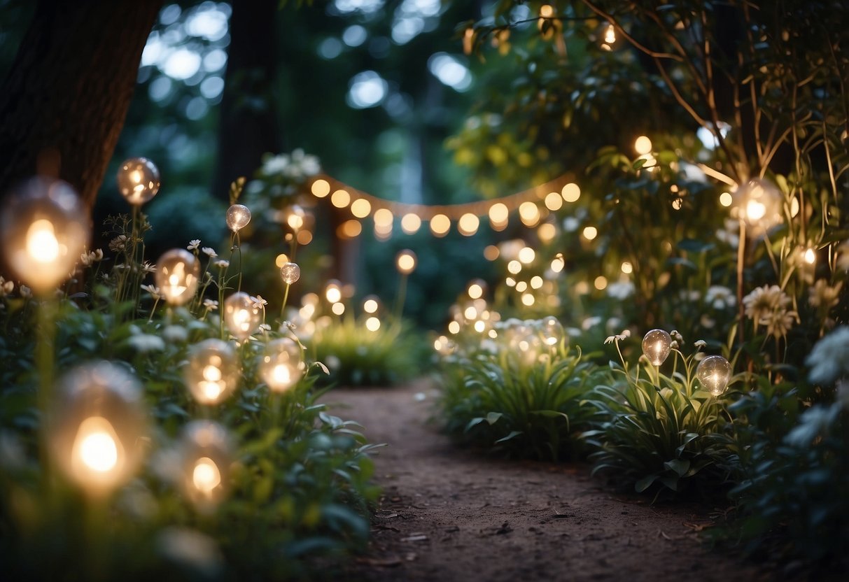 Glowing pathways wind through a magical garden, illuminated by fairy lights and surrounded by ethereal plants and flowers