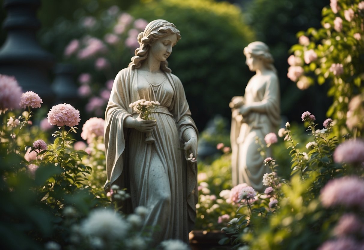 The garden statues come to life, glowing with ethereal light, surrounded by lush foliage and blooming flowers