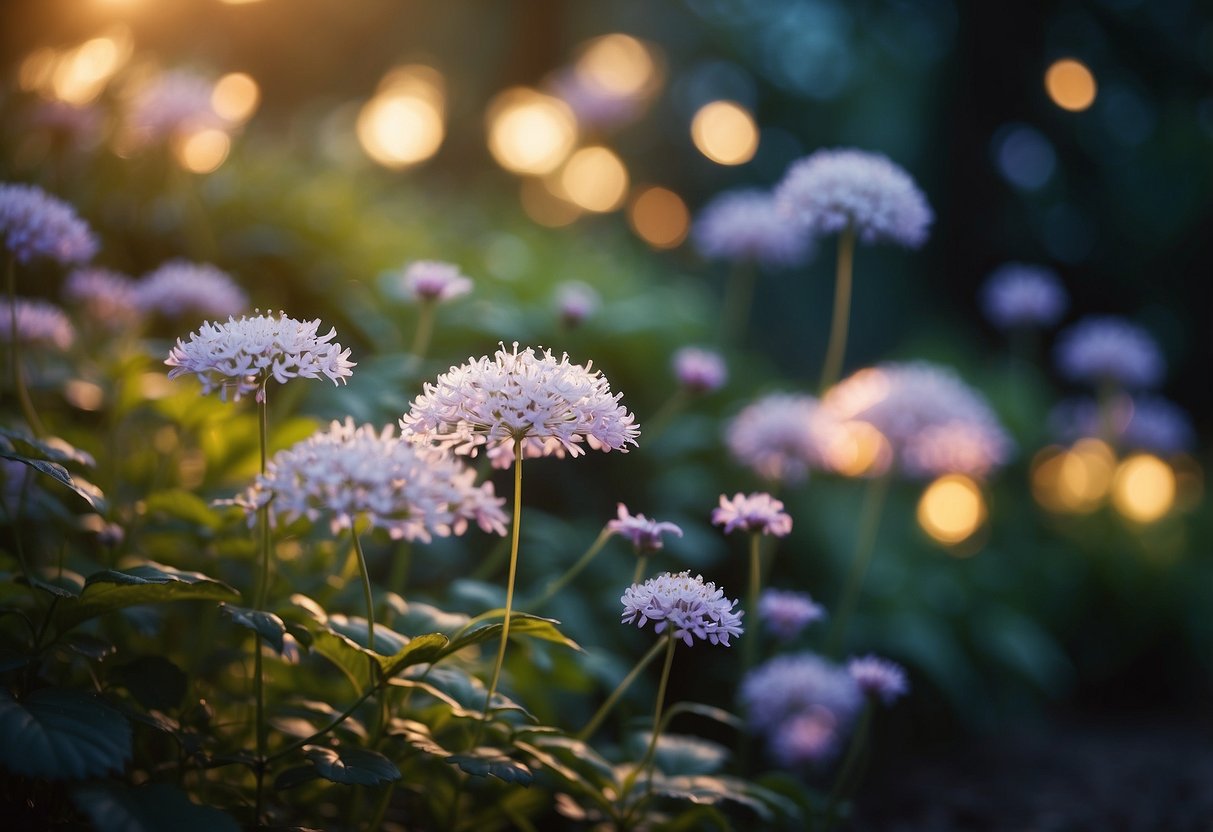 Luminous flowers form canopies in a mystical garden, casting a soft glow over the enchanting landscape