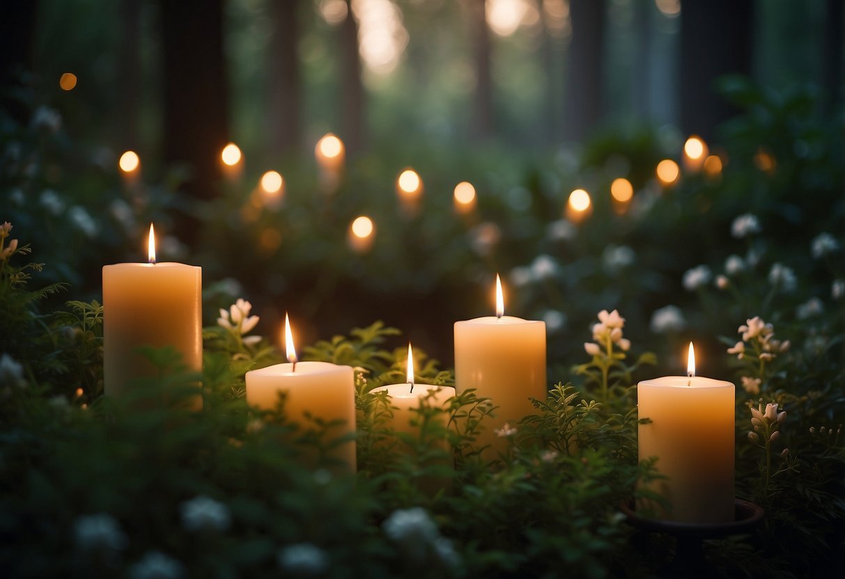 A forest of scented candles flicker among lush, otherworldly flora, casting a soft, warm glow over the ethereal garden