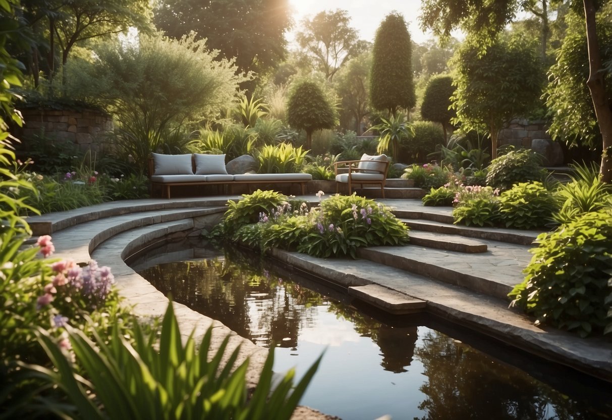 A tranquil garden with lush greenery, blooming flowers, and peaceful water features. A secluded corner with a cozy meditation space surrounded by soft, natural light