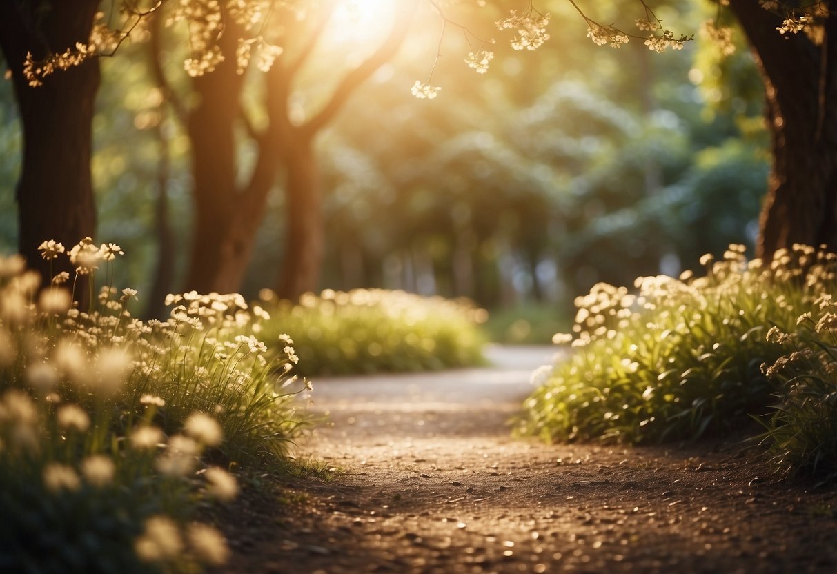 Golden pixie dust creates winding footpaths through an ethereal garden, surrounded by glowing flowers and shimmering trees