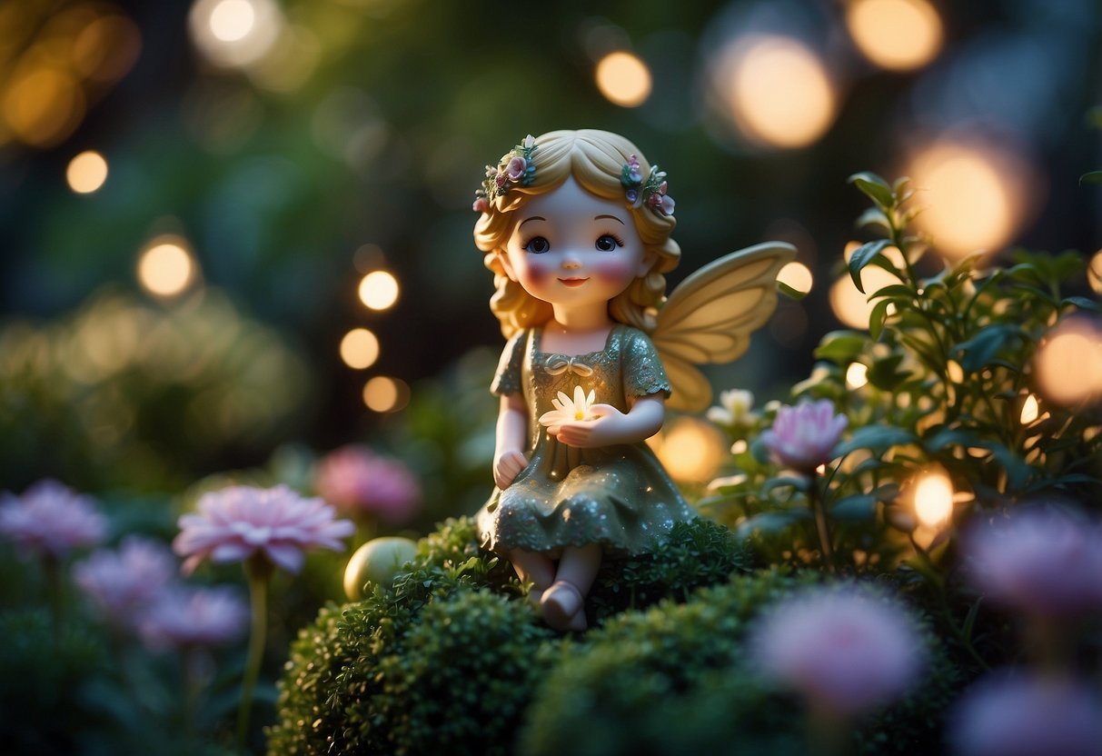 A lush garden with twinkling fairy lights, delicate wind chimes, and whimsical statues surrounded by blooming flowers and lush greenery