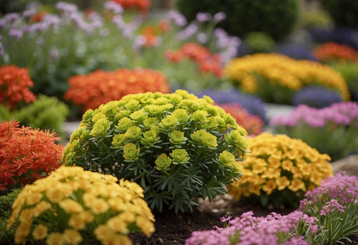 A gardener plants Euphorbia characias 'Tasmanian Tiger' amidst other colorful flowers in a well-maintained garden bed