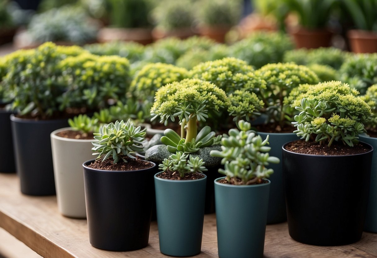 A collection of dwarf Euphorbia varieties arranged in various containers, creating a vibrant and dynamic garden display