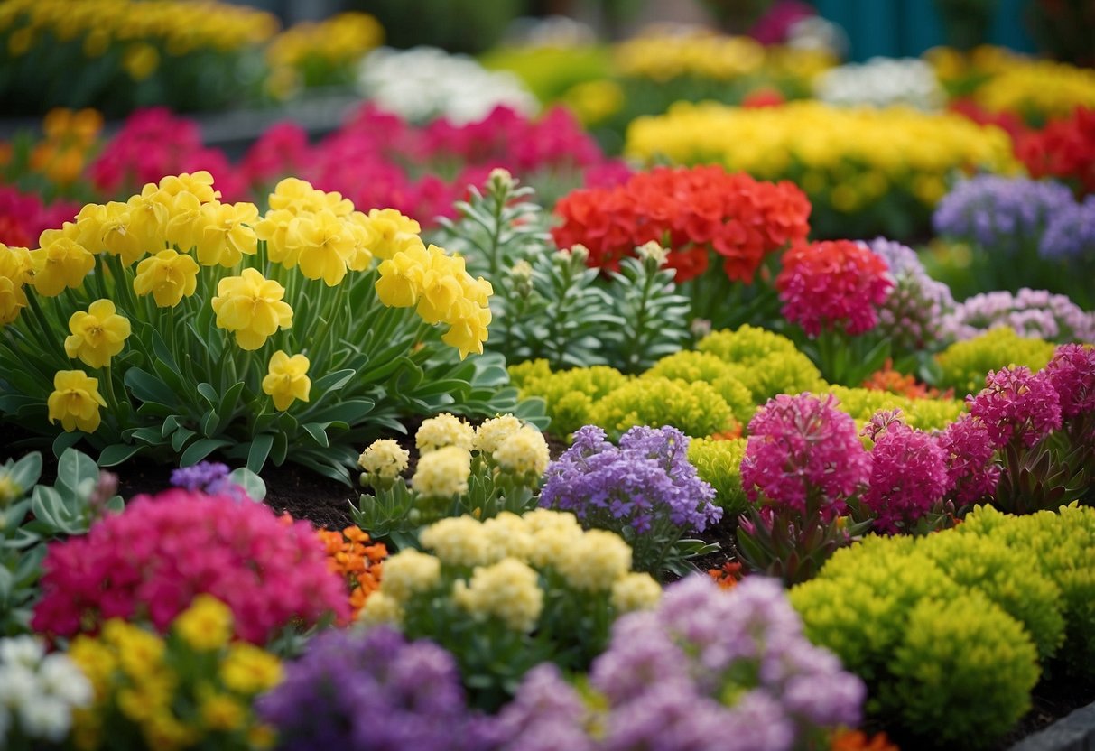 A vibrant garden bed with euphorbia and spring bulbs in full bloom, creating a colorful and lively display of flowers and greenery