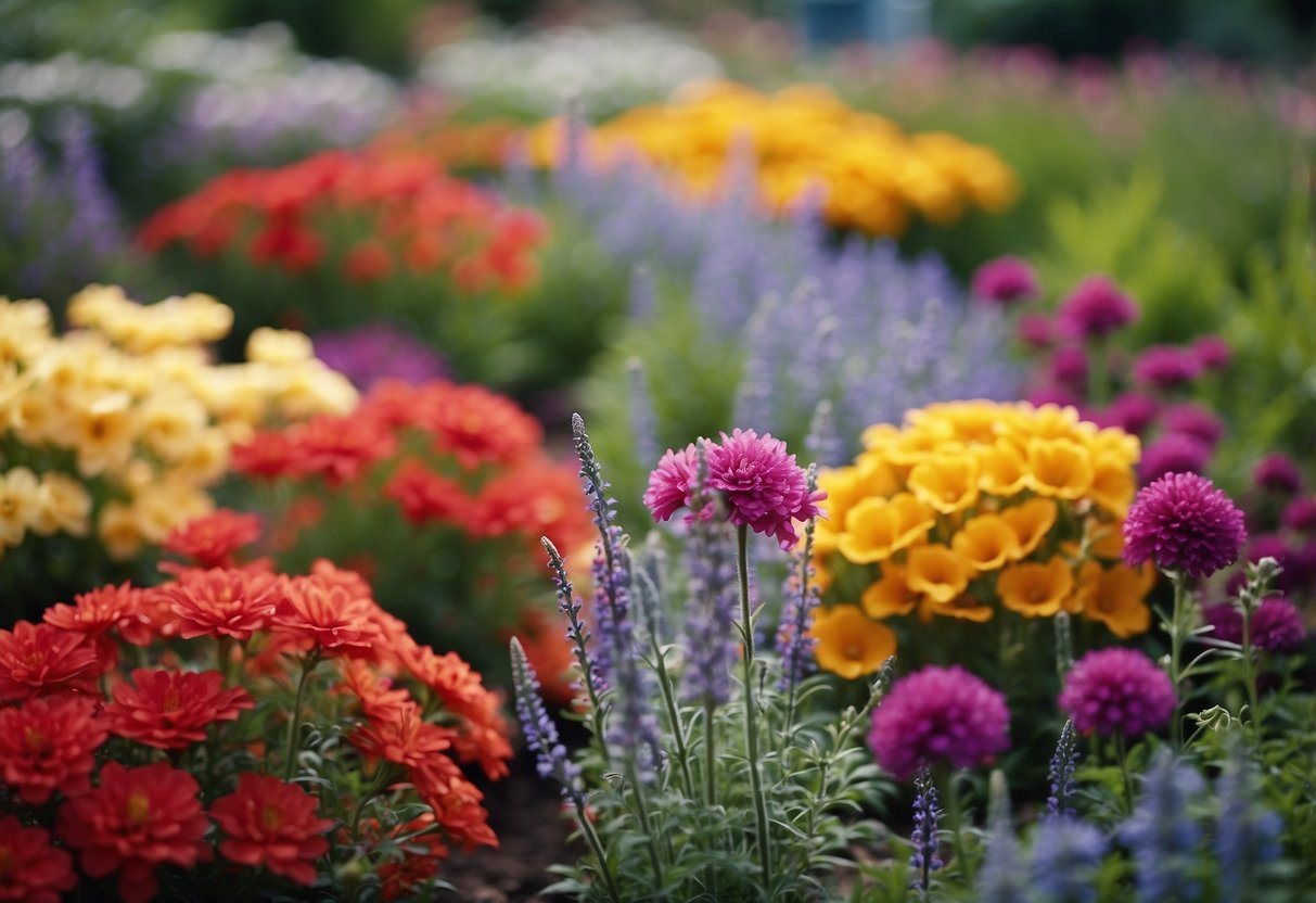 Vibrant perennial flowers bloom in neat beds, showcasing a variety of colors and textures, creating a beautiful garden scene for every season