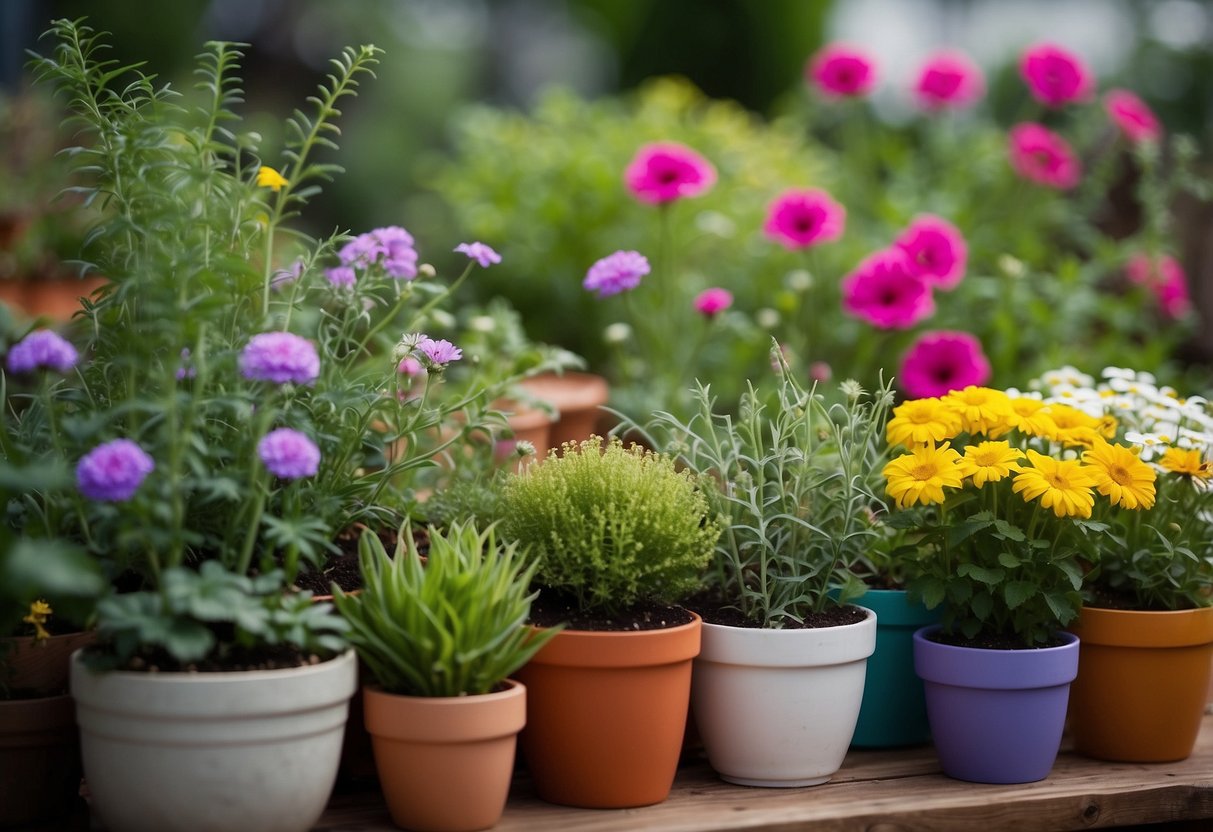 A small garden with colorful flowers, herbs, and vegetables arranged in different containers. Each container represents a different season, with vibrant blooms and lush greenery