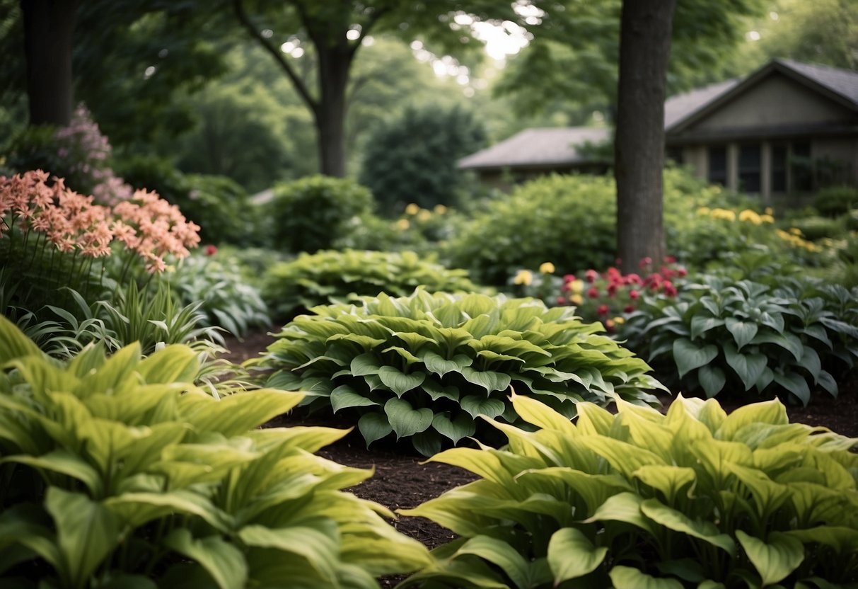 Lush green hostas thrive in a shaded garden, surrounded by vibrant flowers and tall trees, creating a serene and peaceful atmosphere for every season