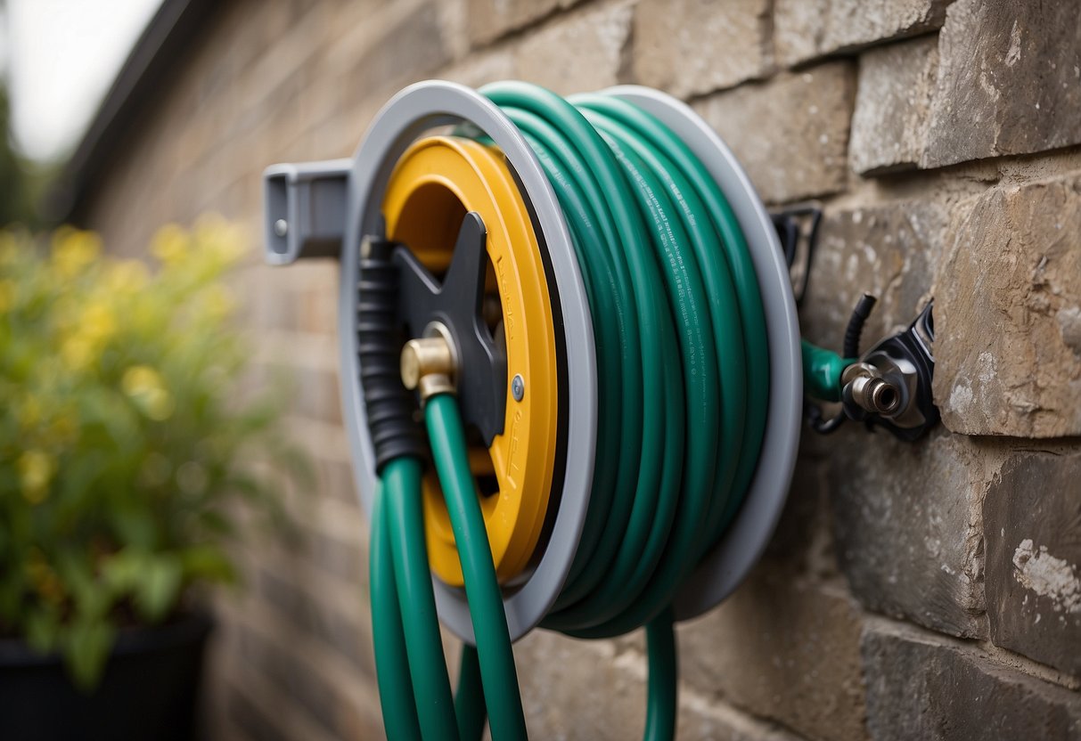 A wall-mounted hose reel with an expandable garden hose neatly coiled around it, mounted against a clean and organized outdoor wall space