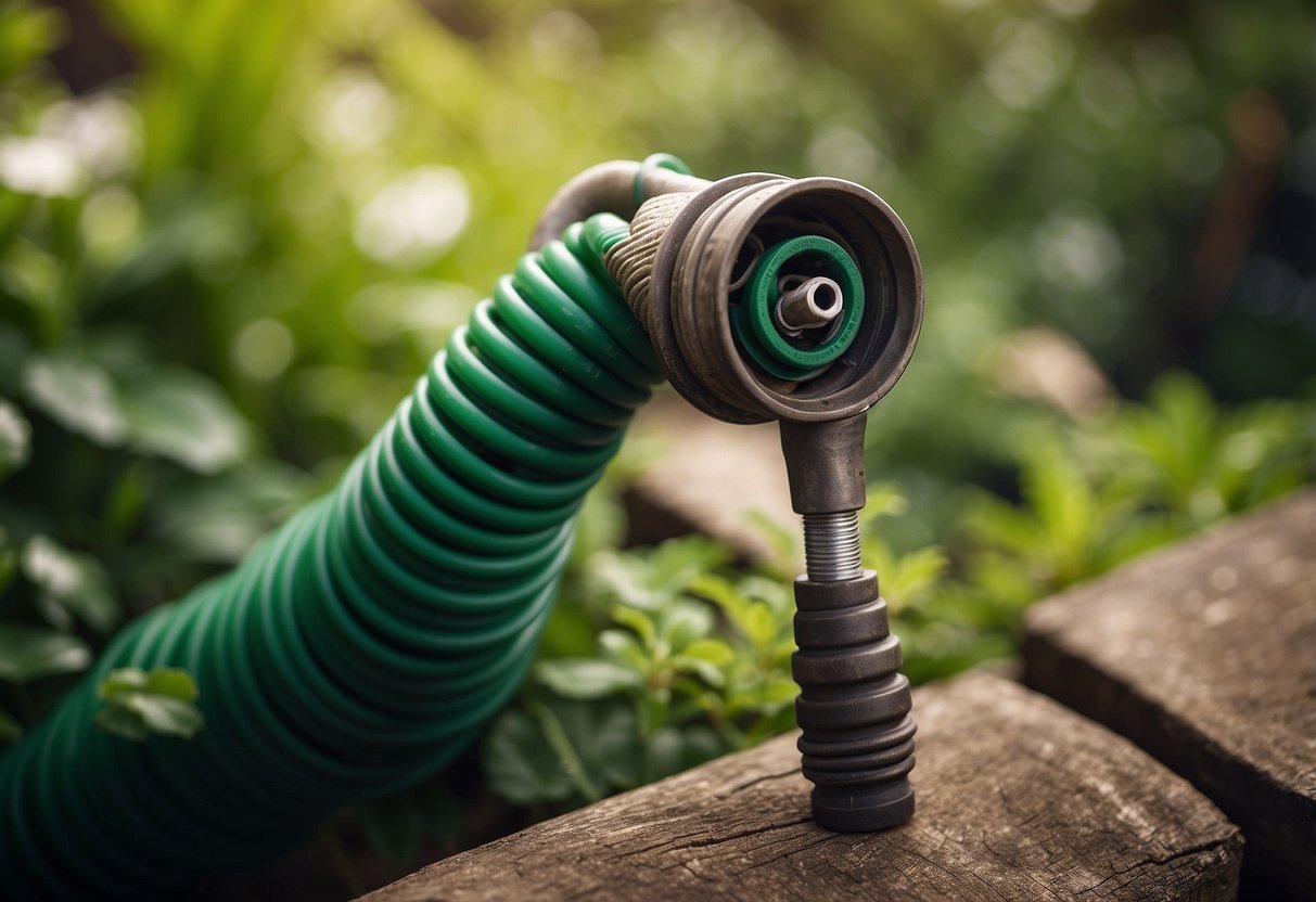 A rustic wooden hose holder with an expandable design, surrounded by lush greenery and a neatly coiled garden hose