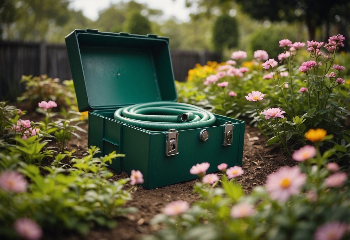 A hose box sits in a lush garden, surrounded by blooming flowers and greenery. The box is open, revealing an expandable garden hose neatly coiled inside