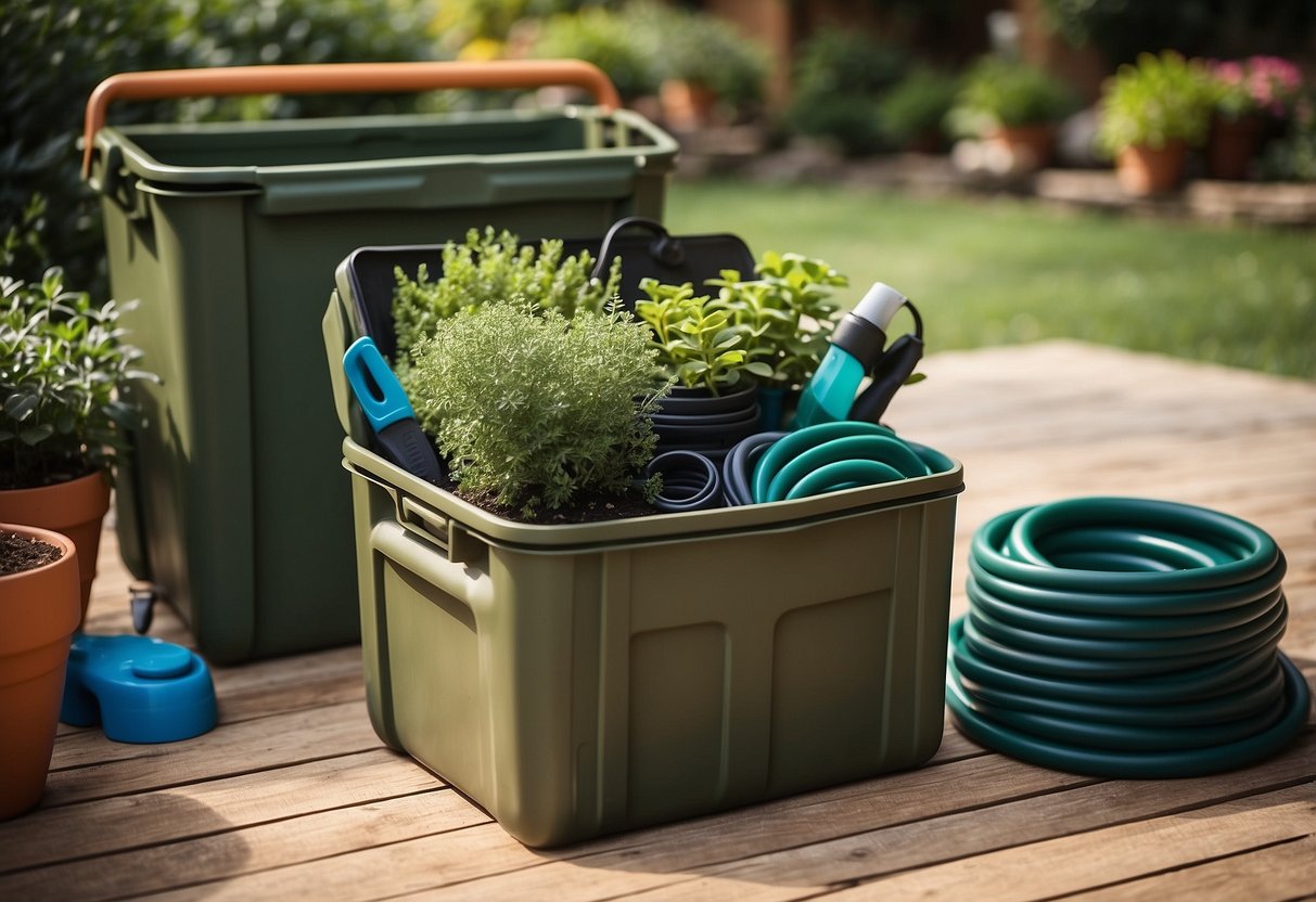 A portable storage tote sits open, filled with neatly coiled expandable garden hoses. Surrounding it are various gardening tools and potted plants, creating a scene of organized outdoor storage