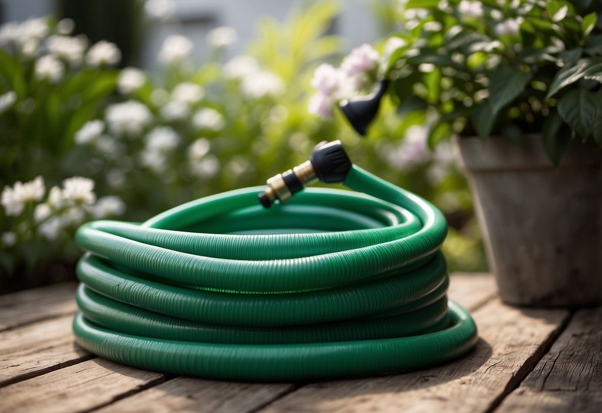 A garden hose is neatly coiled on a Freestanding Hose Butler, surrounded by lush greenery and blooming flowers