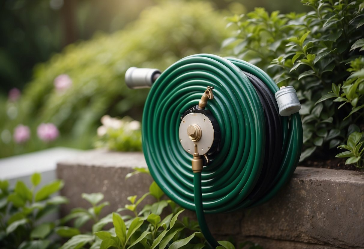 A retractable hose reel mounted on a wall, with an expandable garden hose neatly coiled and stored inside. The reel is surrounded by lush green plants and flowers, creating a peaceful and organized outdoor space