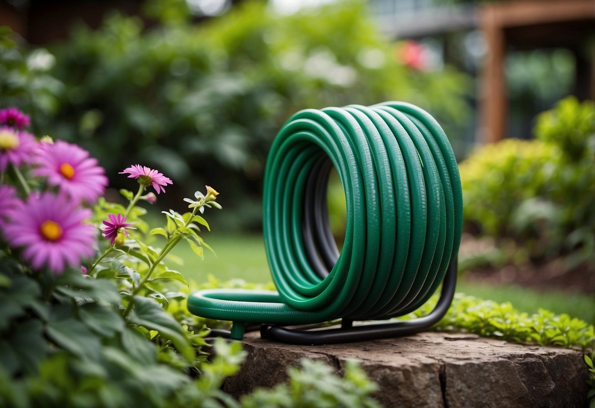 A metal garden hose stand holds an expandable hose in a neatly coiled position, surrounded by lush greenery and colorful flowers