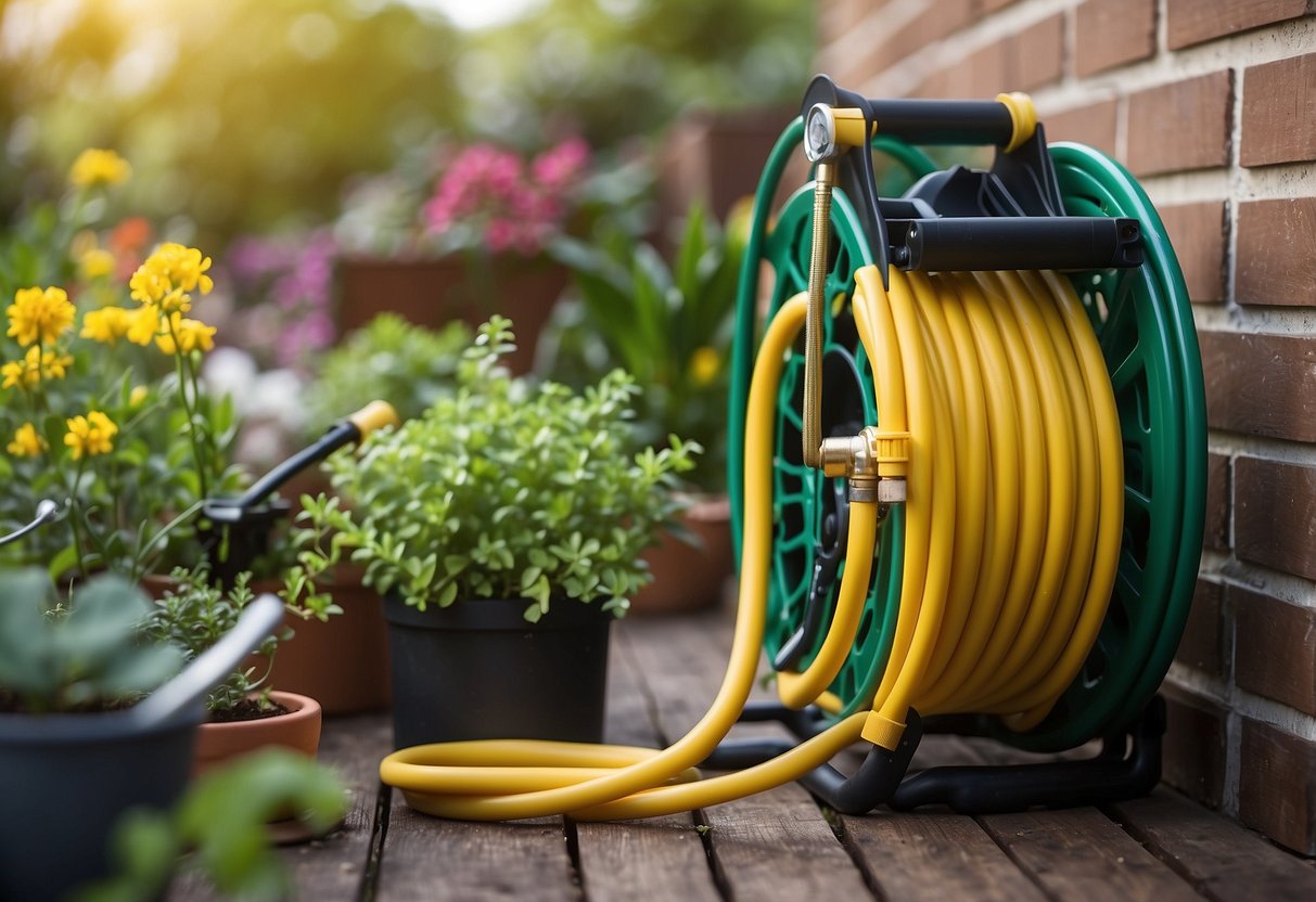 A coiled expandable garden hose neatly stored on a wall-mounted hose reel, surrounded by gardening tools and potted plants