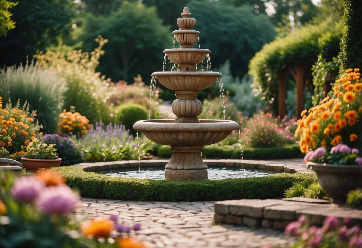 Lush garden with vibrant flowers, winding paths, and a bubbling fountain surrounded by colorful foliage and whimsical garden decor