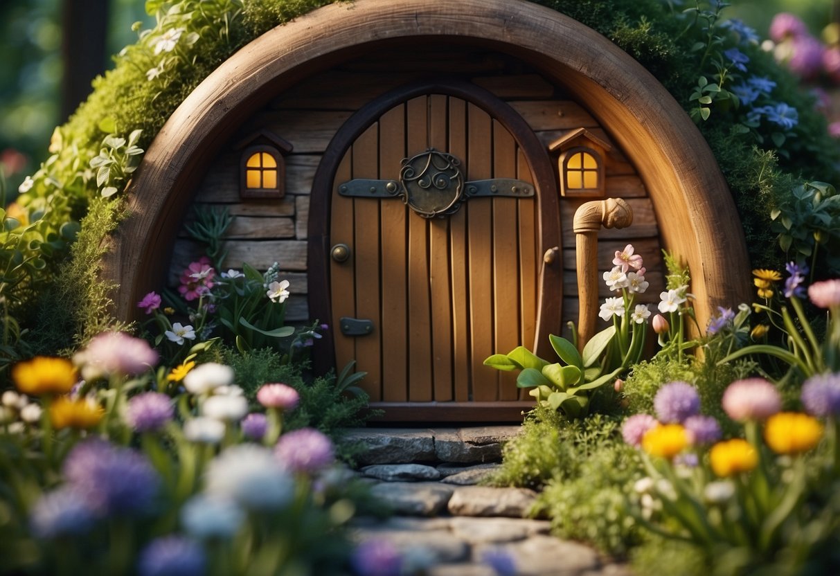 A lush garden filled with whimsical DIY fairy doors nestled among the flowers and foliage, creating a magical and enchanting fairycore scene