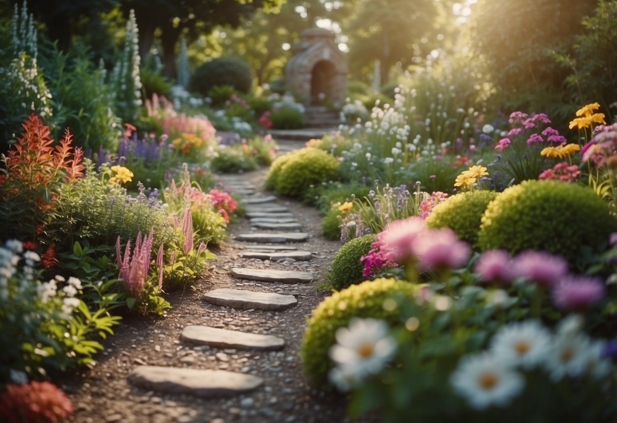 A whimsical garden with tiny stone pathways winding through vibrant flowers and lush greenery, creating a magical and enchanting fairycore atmosphere