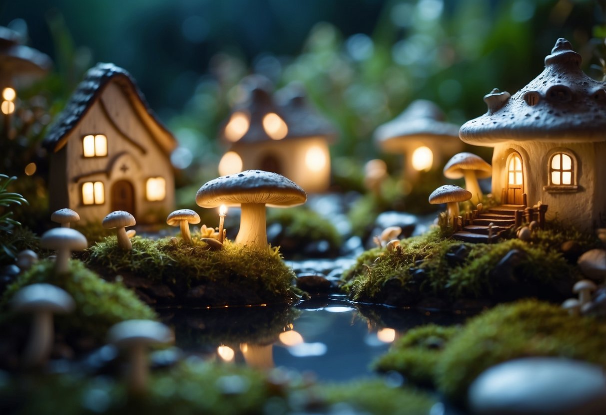 Enchanted garden with tiny fairy figurines, moss-covered paths, and twinkling fairy lights. Mushroom houses and miniature ponds add to the whimsical fairycore atmosphere