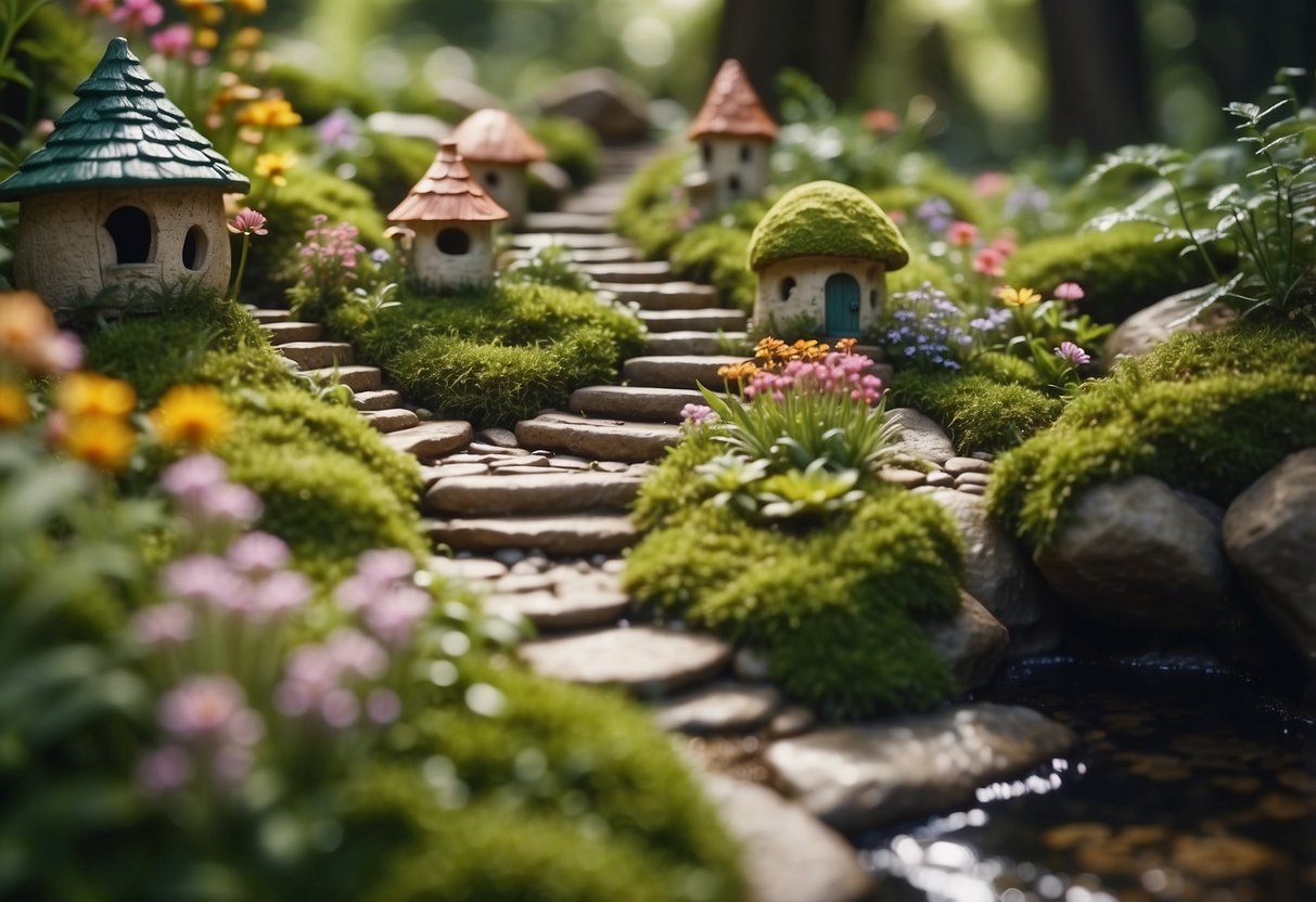 Lush garden with whimsical pathways, vibrant wildflowers, and charming fairy houses nestled among moss-covered stones. A babbling brook runs through the center, surrounded by lush greenery and enchanting garden design elements