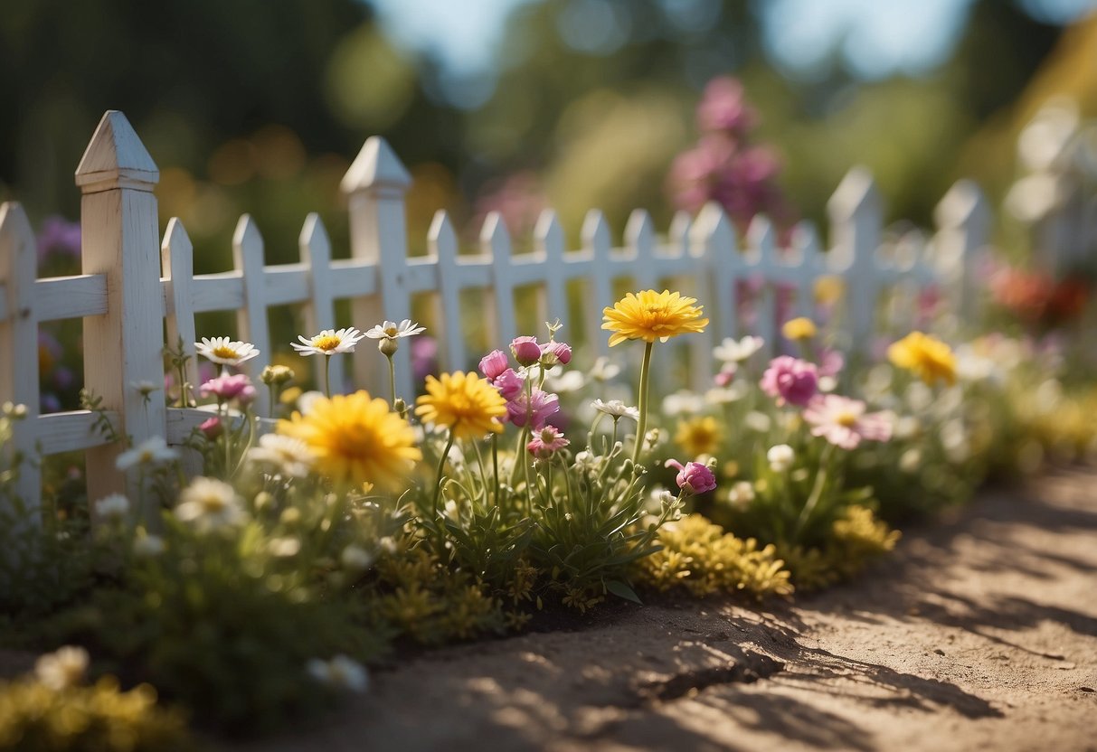 A quaint vintage picket fence surrounds a charming fairy garden, adorned with delicate flowers and whimsical decorations