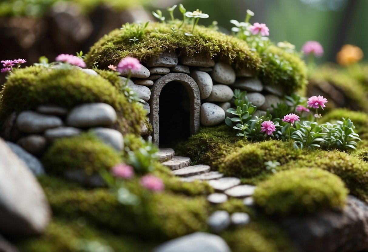 A small stone wall surrounds a whimsical fairy garden, with tiny flowers and moss peeking out from the crevices