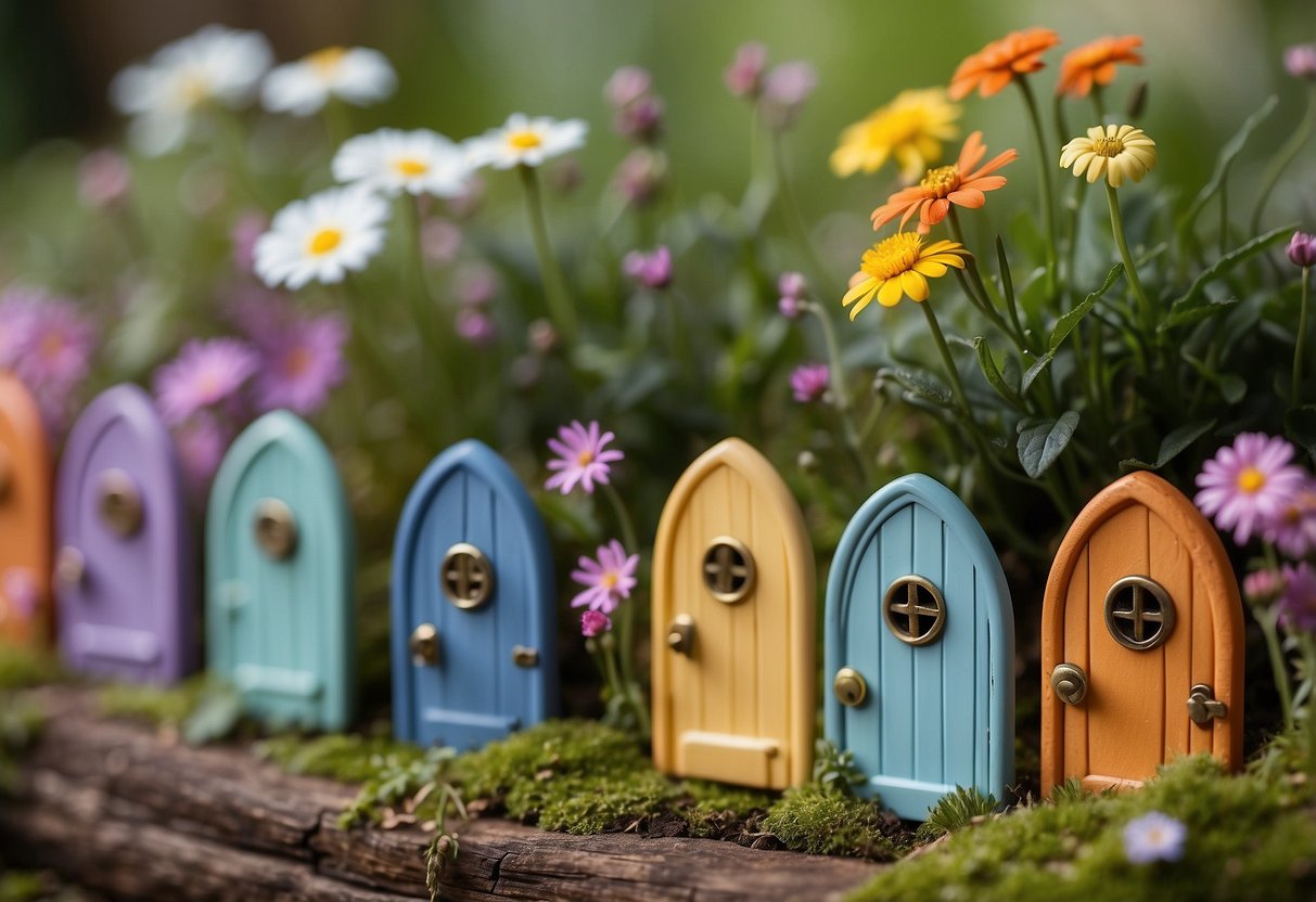 A row of miniature fairy doors adorns a whimsical garden fence, each door intricately decorated with colorful patterns and tiny flowers