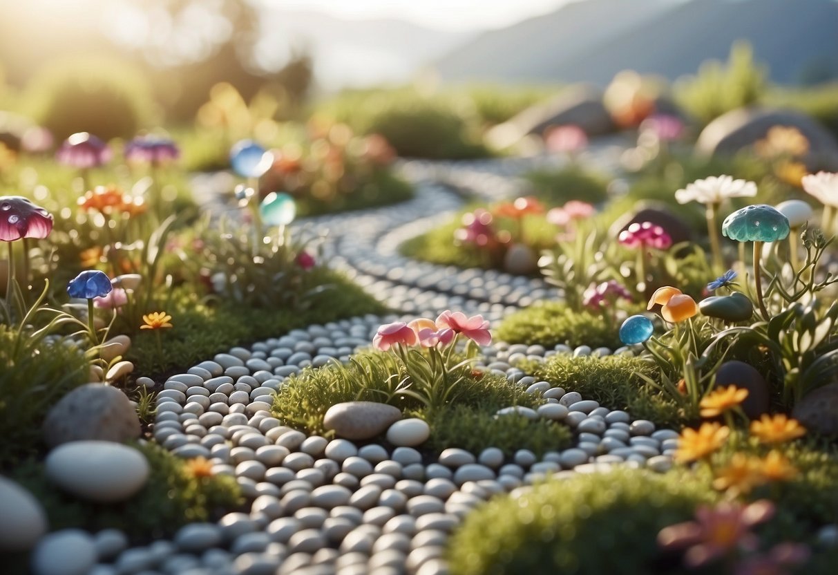 A winding pebble pathway bordered by whimsical fairy garden fencing