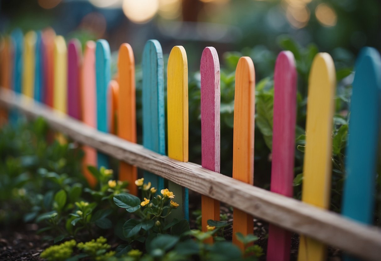 Colorful popsicle sticks arranged in a whimsical fairy garden fence