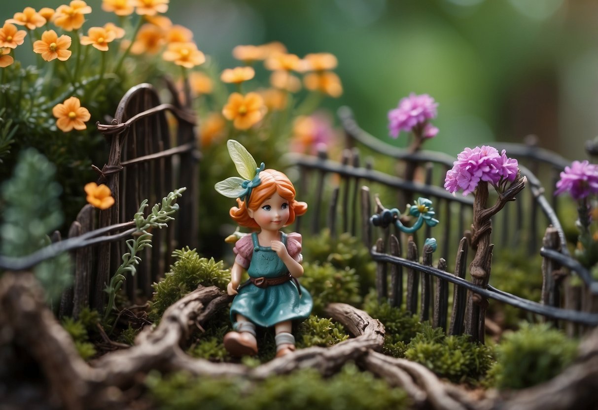 A small fairy garden with colorful flowers and tiny fairy figurines surrounded by intricate fencing made of twigs and vines