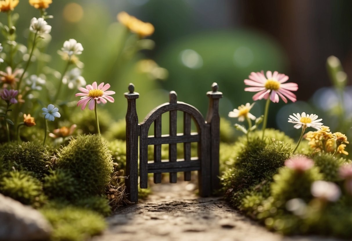 A small wooden fence surrounds a tiny garden, adorned with delicate flowers and moss. Miniature gates and archways add charm to the whimsical scene