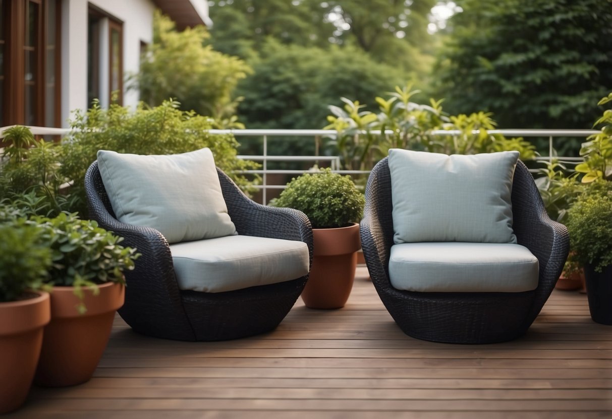 A garden patio with interlocking deck tiles, surrounded by lush greenery and potted plants. A cozy outdoor seating area completes the inviting space