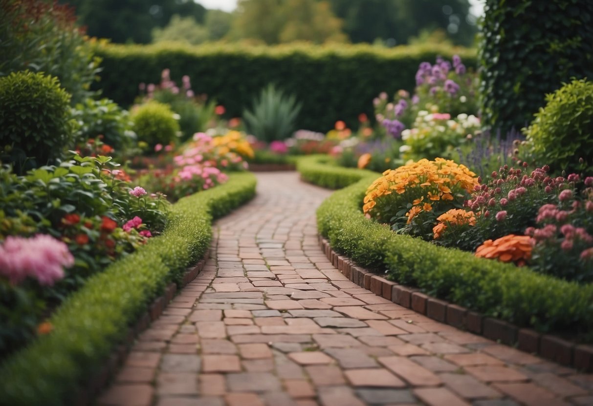 A garden with brick pavers arranged in a geometric pattern, surrounded by lush greenery and colorful flowers