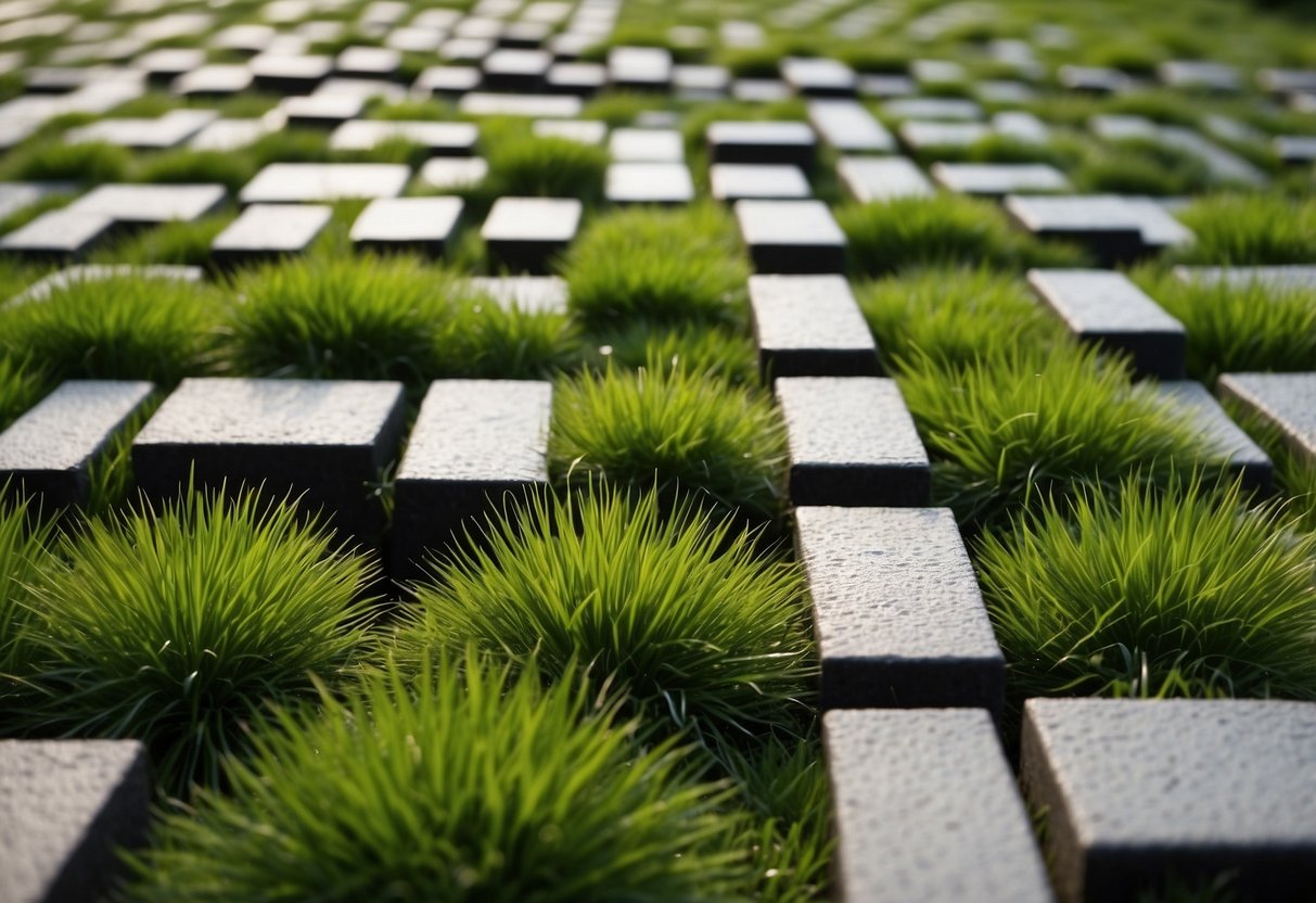 Lush green grass pavers form a unique garden flooring, creating a seamless blend of nature and design