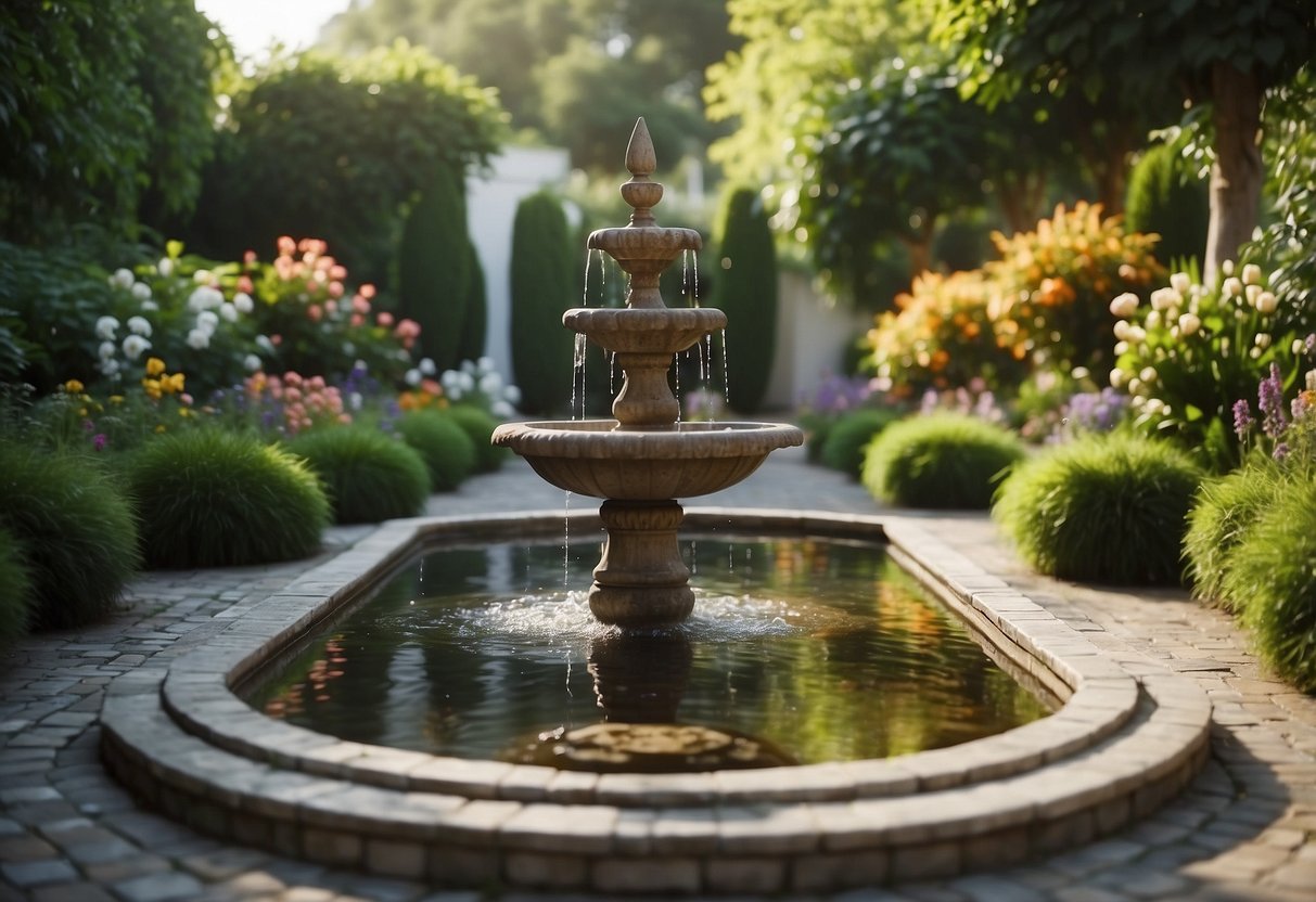 A lush garden with neatly arranged floor tiles, surrounded by vibrant flowers and greenery. A small fountain adds a tranquil touch to the scene