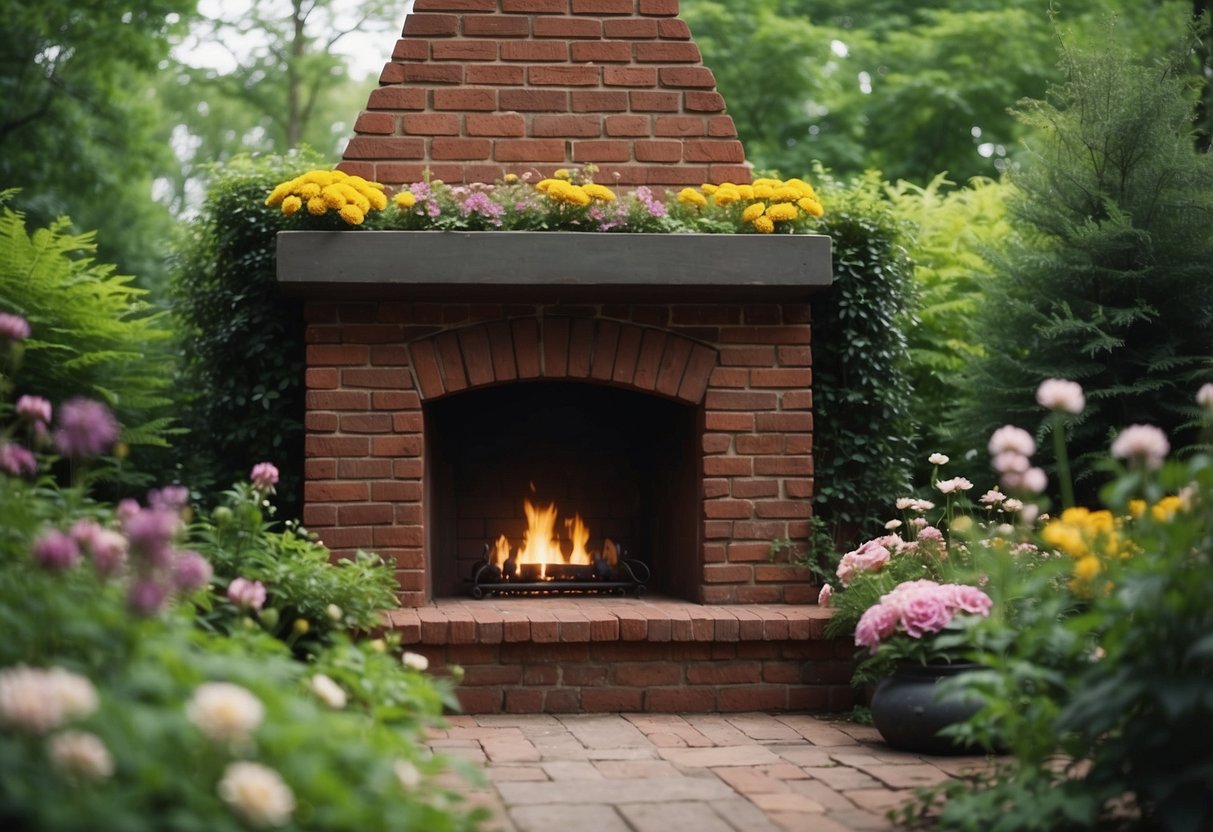 A cozy brick fireplace nestled in a lush garden, surrounded by blooming flowers and greenery