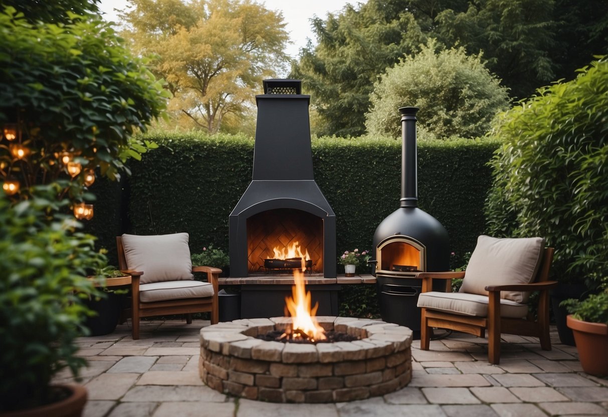 A cozy backyard with a chiminea featuring a built-in grill, surrounded by lush greenery and comfortable outdoor seating