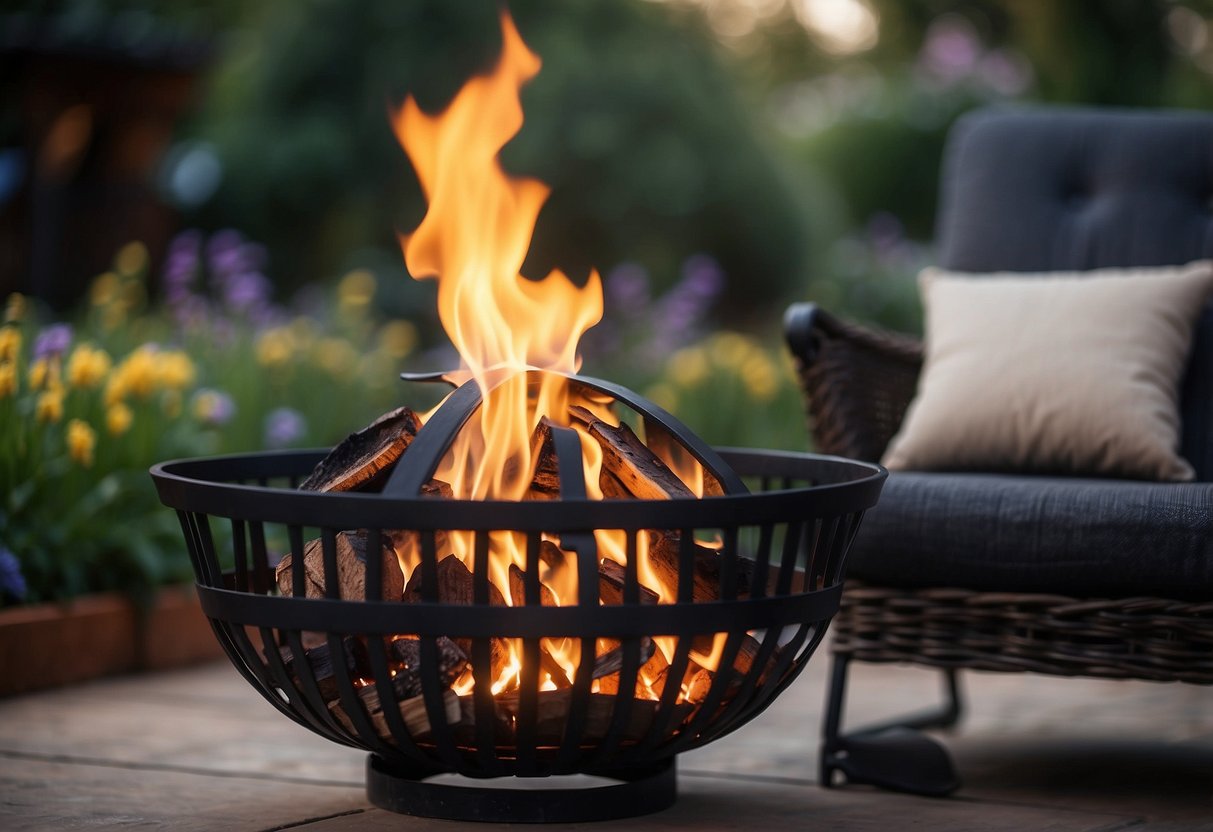 A cast iron fire basket sits in a cozy garden, surrounded by comfortable seating and soft lighting, creating a warm and inviting outdoor fireplace