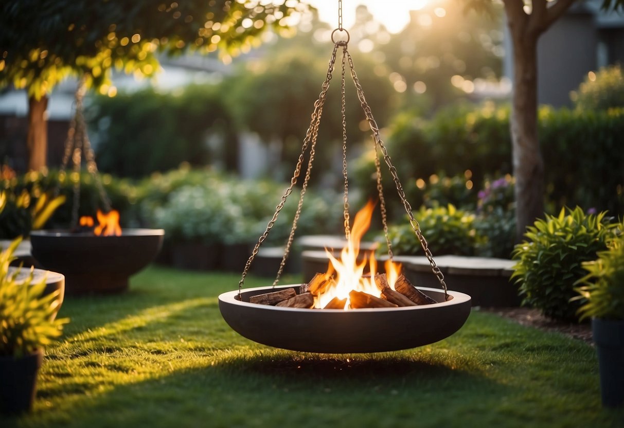 A garden filled with hanging fire pits, casting a warm glow on the surrounding plants and creating a cozy atmosphere