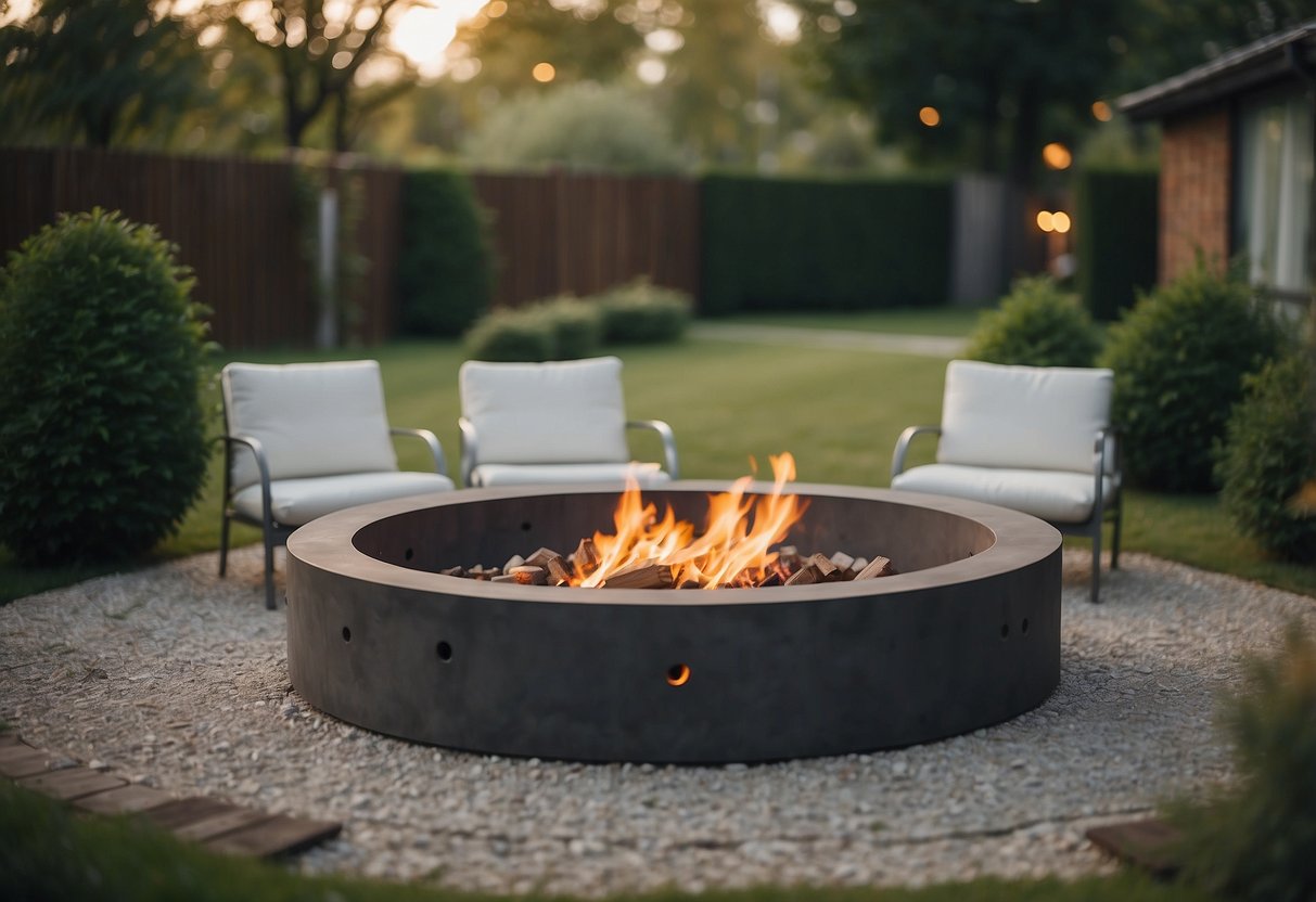 A well-maintained garden with fire pit, surrounded by safety barriers and fire extinguisher nearby