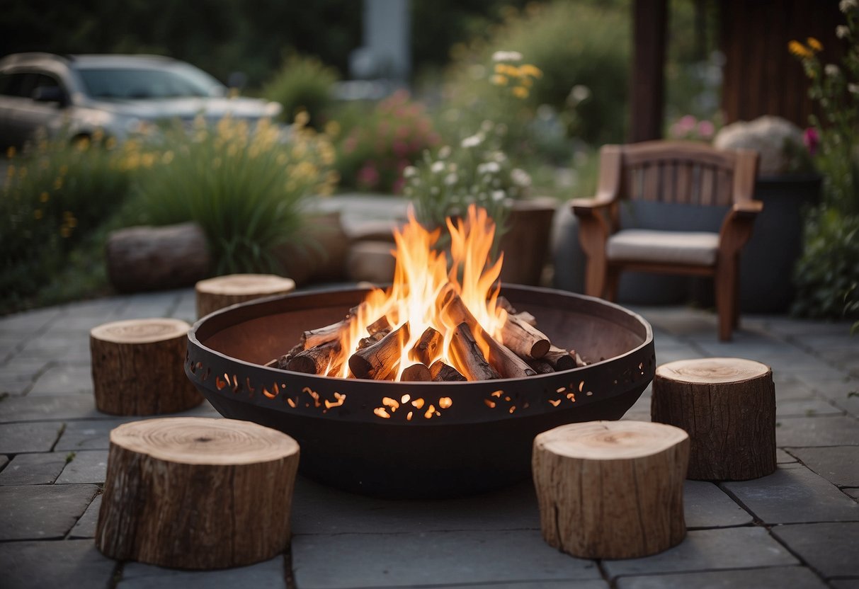 A cozy fire pit surrounded by rustic log stools creates a charming outdoor seating area in the garden